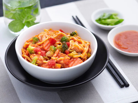 Chicken sweet & sour with hokkien noodles and vegetables